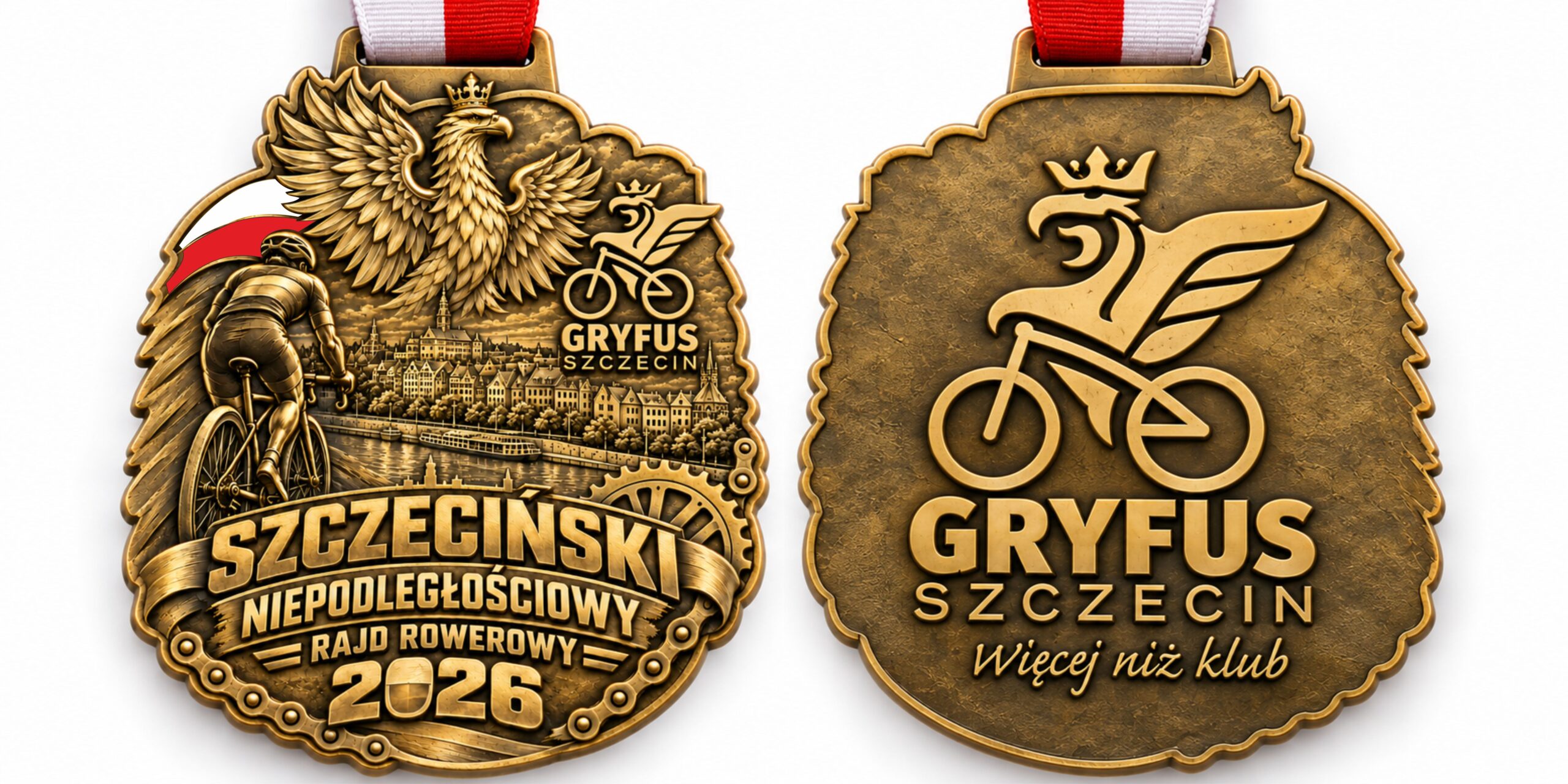 Rajd rowerowy Szczecin 2026 – pamiątkowy złoty medal niepodległościowy, awers i rewers